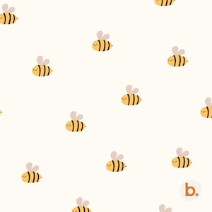 May include: A repeating pattern on a cream-coloured background featuring small, cartoon-style bees with yellow and black striped bodies, light grey wings, and simple smiling faces. A small lowercase letter b with a dot is in the bottom right corner.