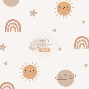 Babyhimmel Sömlöst Mönster Neutral Boho Barnrum Digitalt Papper Sol Måne Regnbåge Baby Bakgrund