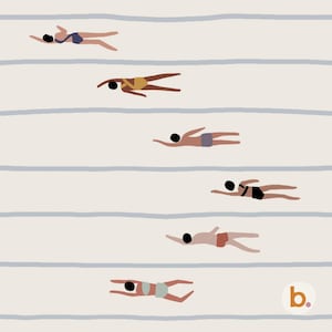 May include: A graphic illustration on a light beige background featuring six horizontal grey lines representing swimming lanes. Each lane contains a stylized figure in a swimsuit swimming in a different color, including navy, yellow, and black.