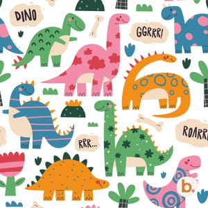 May include: A white fabric pattern featuring colorful cartoon dinosaurs in shades of green, pink, orange, and blue. The design includes scattered bones, plants, and speech bubbles with the text DINO, GGRRR!, RRR..., and ROARR! on a white background.