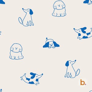 May include: A repeating pattern on a light beige background featuring various blue line-art illustrations of dogs in different poses, including sitting, lying down, and standing, with a small lowercase letter b followed by a pink dot in the corner.