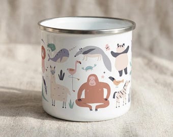 Kids Enamel Mug, 330 ml Wildlife Wraparound Design, Five Rim Colours