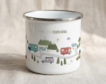 Camper Van Mug, White Enamel-Coated Steel with Wraparound Road-Trip Artwork