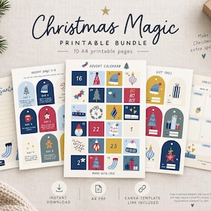 Peut inclure: Un ensemble imprimable Christmas Magic comprenant 10 pages A4 avec un calendrier de l'Avent, des étiquettes cadeaux, un planificateur de Noël et un modèle de lettre au Père Noël. Les pages présentent des illustrations colorées de Noël.