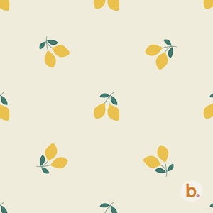 May include: A repeating pattern of yellow lemons with green leaves on a cream background. The lemons are stylized with a simple, flat design. The pattern is evenly spaced and creates a cheerful, summery feel.