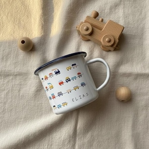 Tazza per bambini a tema trenino, tazza smaltata personalizzabile con nome