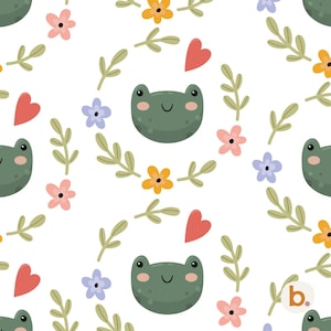 Könnte beinhalten: Ein sich wiederholendes Muster mit Cartoon-Froschgesichtern, rosa, orange und lila Blumen, grünen Blättern und roten Herzen auf weißem Hintergrund. Die Froschgesichter sind grün mit rosigen Wangen und einem lächelnden Mund. Das Design ist verspielt.
