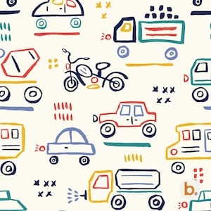 Pode incluir: Um padrão repetitivo num fundo creme com ilustrações de estilo desenho à mão de vários veículos, incluindo carros, camiões, uma mota e um autocarro em azul marinho, vermelho, amarelo e azul-petróleo, com formas abstratas e um logótipo b.