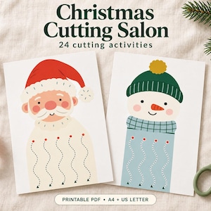 May include: Two white cards featuring Christmas Cutting Salon 24 cutting activities. One card shows Santa Claus in a red hat and cream sweater, the other a snowman in a green hat and blue sweater. Both have dotted lines for cutting practice.