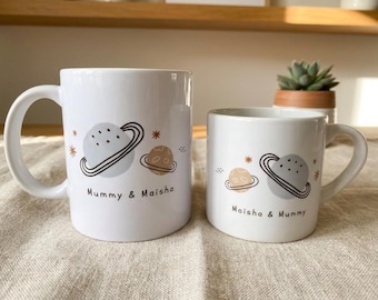 Personalised Mum and Child Mugs, Matching Space Ceramic Cups, Mummy and Me Gift