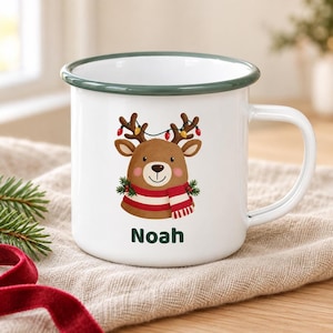 Personalisierter Weihnachtsbecher aus Emaille für Kinder, mit individuellem Namen und Wintertiermotiv