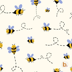 Peut inclure: Un motif répétitif sur fond crème représentant des abeilles de dessin animé au corps rayé jaune et noir avec des ailes bleu clair. Chaque abeille est accompagnée d'une ligne pointillée noire représentant sa trajectoire, avec une lettre b dans un cercle.