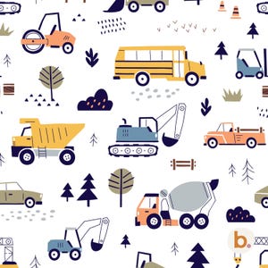 May include: A repeating pattern featuring various construction vehicles such as a school bus, dump truck, and cement mixer in yellow, orange, and blue. The design includes trees, bushes, and other decorative elements on a white background.