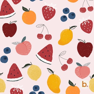 May include: A repeating pattern on a light pink background featuring various fruits including red watermelon slices, orange citrus, red strawberries, blue blueberries, red cherries, yellow lemons, yellow mangoes, and pink peaches with a small letter b.