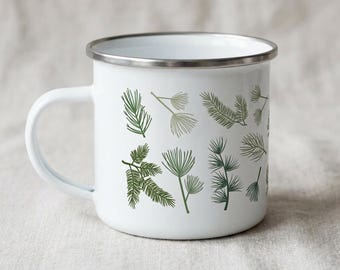 Evergreen Pine Needle Enamel Mug, Forest Camping Cup, Nature Lover Gift
