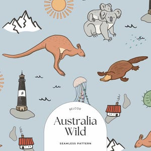 Australian Wildlife Seamless Pattern – Cute Kangaroo, Koala, Platypus & Nature Icons for Kids Fabric, Nursery Decor, Wrapping Paper, Crafts