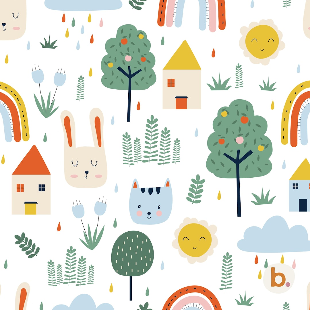 Kids Seamless Pattern PNG, Bunny Cat Rainbow Nursery Print, Baby Room ...