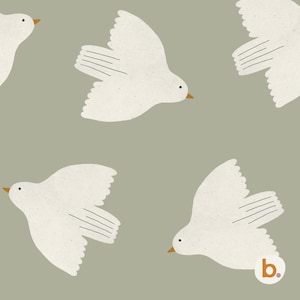 May include: A repeating pattern of white doves in flight against a muted green background. Each dove has a small black eye and a yellow beak. The wings are detailed with black lines.