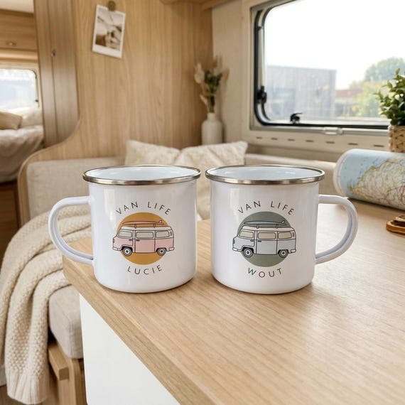 Personalised Van Life Enamel Mug, Custom Name Campervan Mug