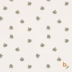 Può includere: Un motivo ripetitivo su sfondo color crema chiaro con piccole zucche verde salvia e piccioli marroni. Ogni zucca è illustrata in modo semplice e stilizzato, distribuita uniformemente sulla superficie per creare un design decorativo coerente.
