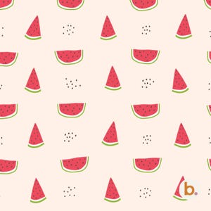May include: A repeating pattern of watermelon slices and triangles on a light pink background. The watermelon is red with black seeds and a green rind. Small clusters of black dots are scattered throughout the design.