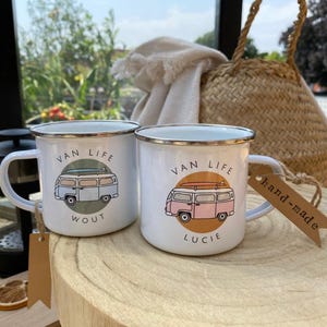 Personalized Van Life Enamel Mug: Custom Camper Gift for Couples