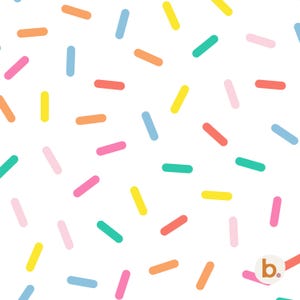 Puede incluir: Un fondo blanco con un patrón repetitivo de pequeñas chispas cilíndricas en varios colores, incluyendo naranja, azul claro, amarillo, verde azulado, rosa y coral. Un pequeño logotipo circular con la letra b es visible en la esquina inferior derecha.