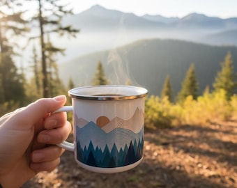 Mountain Enamel Mug, Camping Mug, Outdoor Hiking Gift, Mountain Lover Coffee Tea Cup, Scenic Adventure Mug