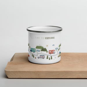 Camper Van Enamel Mug – Retro Van Life Camping Mug – Outdoor Adventure Coffee Cup – Gift for Campers, Travelers & Nature Lovers