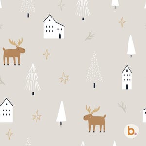 May include: A seamless pattern on a light beige background featuring brown moose, white houses with black roofs, various stylized white pine trees, and gold four-pointed stars. A small white circle with the letter b and a dot is in the corner.