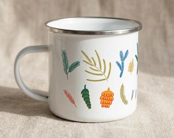 Conifer Mug, Botanical Enamel Cup with Pine Cone Design
