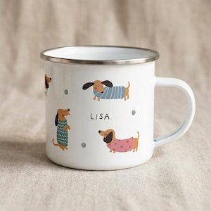 Caneca de esmalte personalizada com nome de Dachshund, presente para cachorro salsicha com nome personalizado