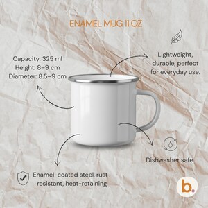 An informational product graphic shows a blank white enamel mug on a crumpled paper background with text detailing dimensions, steel material, and care instructions.
