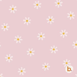 May include: A light pink background featuring a repeating pattern of white daisy flowers with yellow centers. In the bottom right corner, there is a small white circular logo containing the lowercase letter b followed by a small purple dot.
