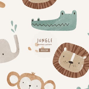 Op de afbeelding: Naadloos patroon met cartoon jungle dieren, waaronder een giraffe, een olifant, een krokodil, een leeuw en een aap, in bruin, groen en beige tinten. De tekst "JUNGLE seamless pattern BELCOR" is ook aanwezig.