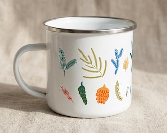 Conifer Botanical Enamel Mug, Pine Cone Camping Cup, Forester Gift