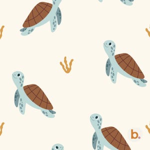 May include: A repeating pattern featuring cartoon sea turtles in blue and brown on a cream background. The turtles have smiling faces and are interspersed with small, orange seaweed illustrations. The letter "b" is in the bottom right corner.