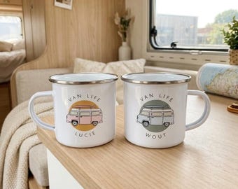 Campervan Mug, Personalised Enamel with Custom Name, Six Colourways