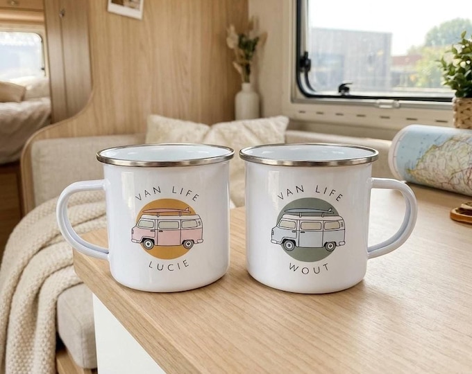 Campervan Mug, Personalised Enamel with Custom Name, Six Colourways