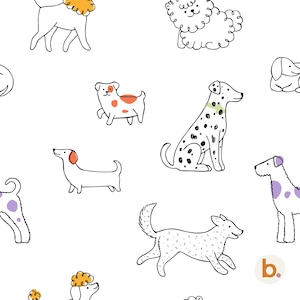 May include: A repeating pattern on a white background featuring various dog breeds illustrated in black outlines with accents of orange, green, and purple. The dogs are depicted in different poses, including sitting, standing, and running. A small letter b is visible.