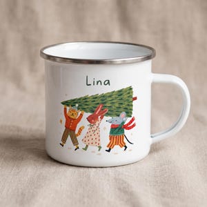 Weihnachtsbecher für Kinder, personalisierter Emaillebecher mit individuellem Namen und lustigen Tiermotiven