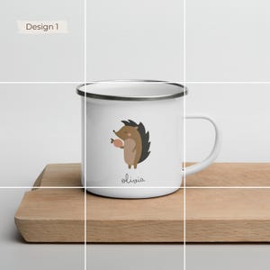 Woodland Animal Kids Enamel Mug – Personalised Cup with Name – Hedgehog, Fox or Raccoon – 12oz Unbreakable Mug – Gift for Children