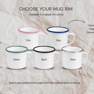 A product infograph showing five white enamel mugs with different colored rims labeled Pink, Blue, Green, Black, and Silver, alongside size and care details.