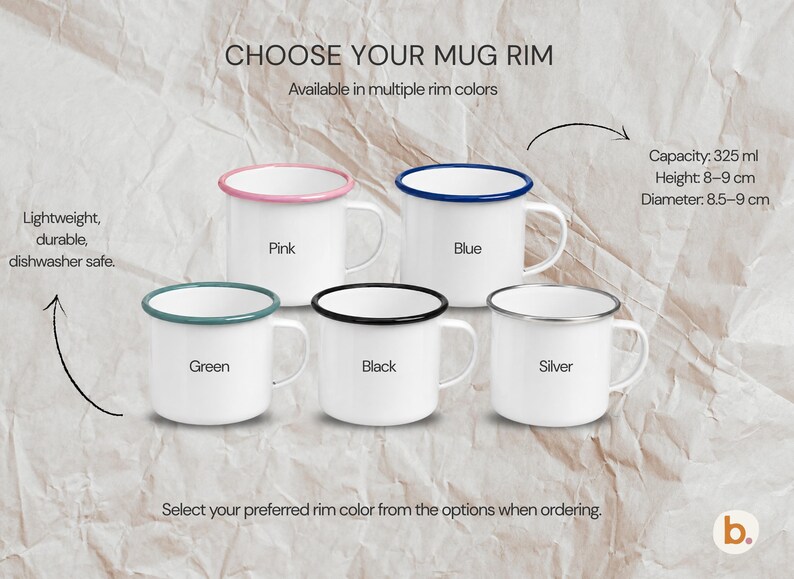 A product infograph showing five white enamel mugs with different colored rims labeled Pink, Blue, Green, Black, and Silver, alongside size and care details.