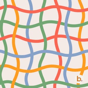 May include: A repeating pattern featuring intersecting wavy lines in red, blue, green, and orange against a light cream background. The design creates a grid-like structure with curved segments. A small white circle with the letter b is in the corner.