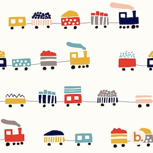 May include: A repeating pattern of colorful toy trains on a white background. The trains are in various colors, including yellow, red, blue, and gray. Each train car has a unique design, such as polka dots or stripes. The image is suitable for children's products.
