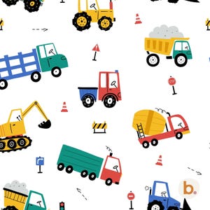 May include: A seamless pattern featuring colorful cartoon construction vehicles, including trucks, tractors, and an excavator, set against a white background. The design incorporates road signs and traffic cones, creating a playful and engaging theme.