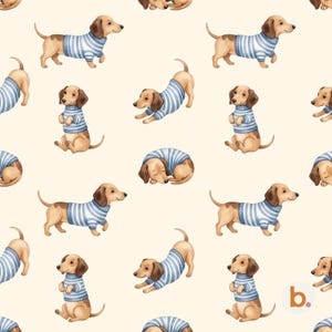May include: A repeating pattern on a cream background featuring brown dachshunds wearing blue and white striped sweaters. The dogs are depicted in various poses, including standing, sitting upright, stretching, and curled up while sleeping.