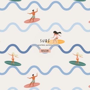 May include: Seamless pattern featuring surfers riding waves. The design includes figures on surfboards in various colors, set against a backdrop of blue waves and a cream-colored background. The word "SURF" is displayed in the center.