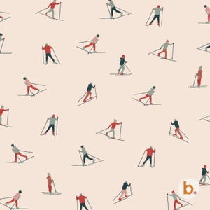 May include: A light beige fabric pattern featuring repeating illustrations of cross-country skiers in motion. The skiers wear red, dark gray, and light gray clothing, using poles and skis. A small white circular logo with the letter b is in the corner.